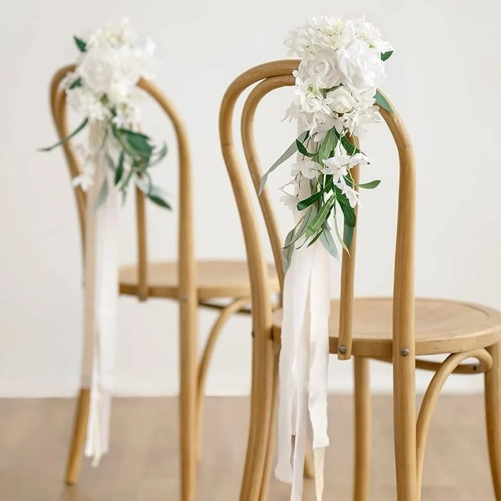 (8) Ling's Moment Chair/Pew Florals with Ribbons & Clips on the back. Used once